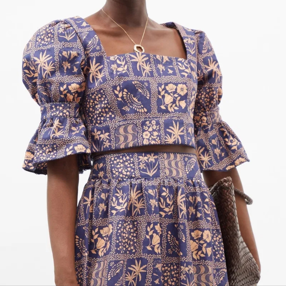 Puff-Sleeve Floral-Print Linen Blouse